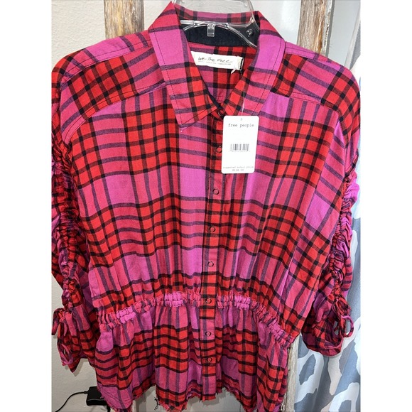 Free People Blouse Womens Small Pacific Dawn Plaid in Red Combo Button Up NEW - Picture 4 of 12